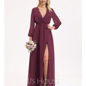 A-Line V-neck Floor-Length Chiffon Bridesmaid Dress in Mulberry